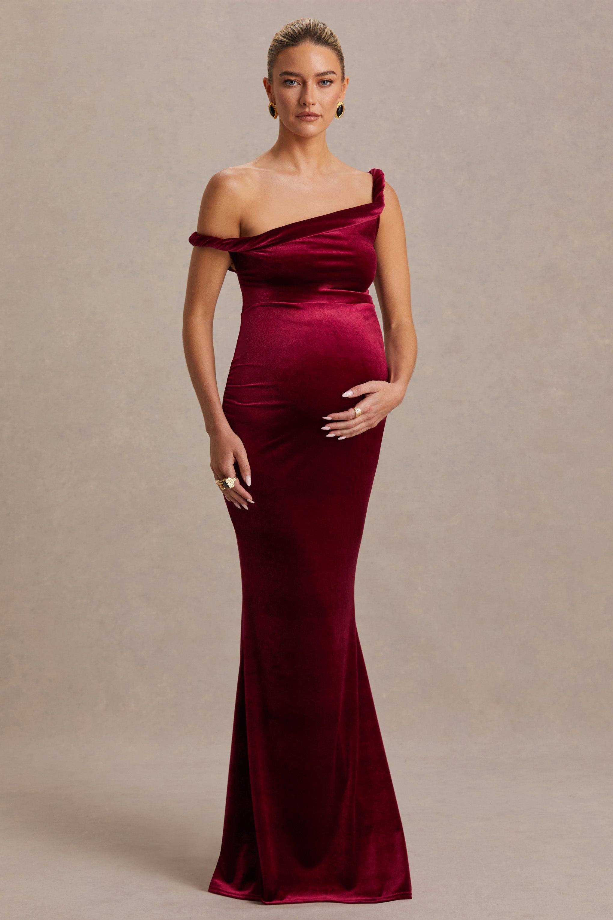 Tallulah Burgundy Velvet Asymmetric-Neck Maternity Maxi Dress With Twist-Sleeve – side view
