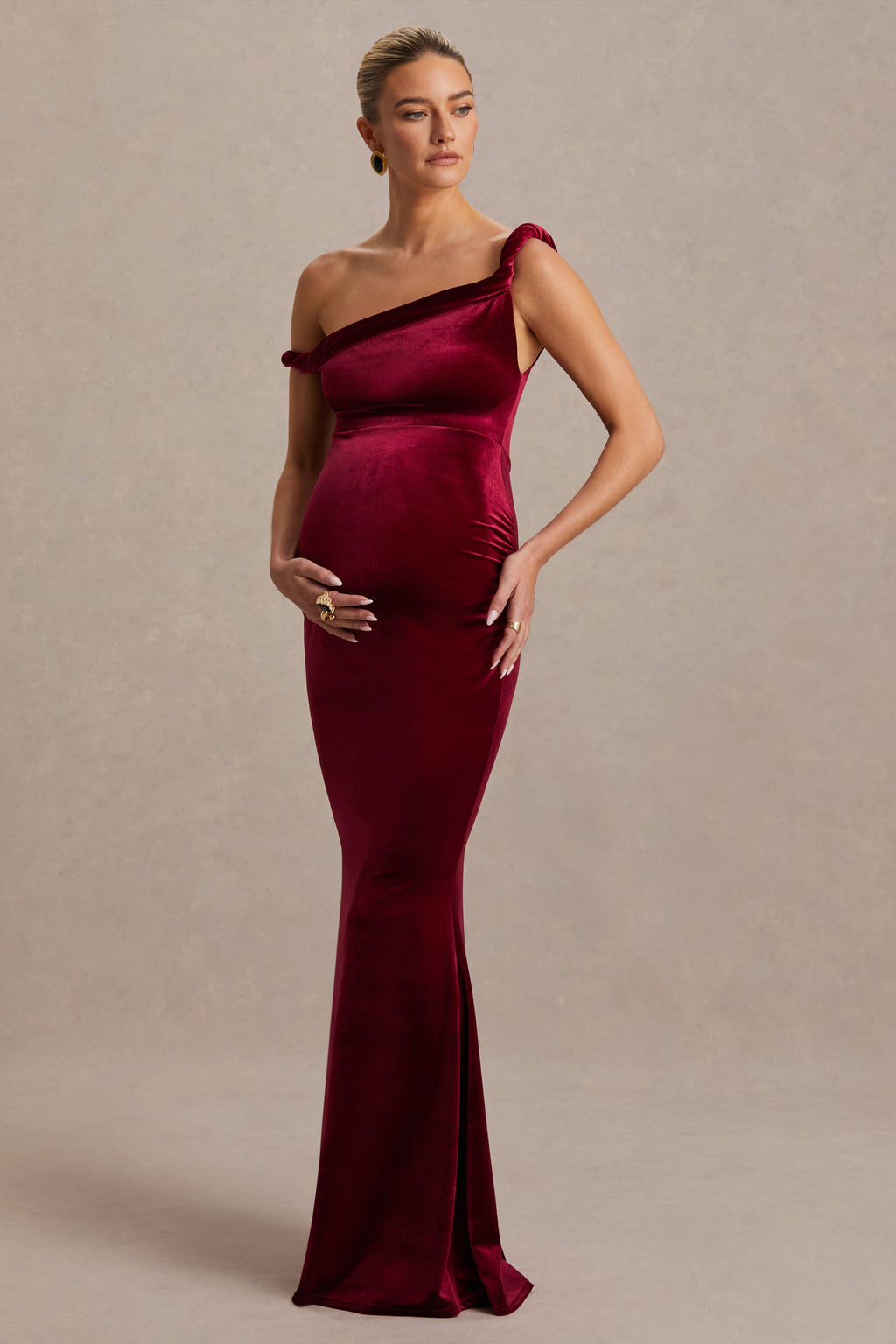 Tallulah Burgundy Velvet Asymmetric-Neck Maternity Maxi Dress With Twist-Sleeve – back view
