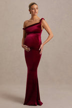 Tallulah Burgundy Velvet Asymmetric-Neck Maternity Maxi Dress With Twist-Sleeve – back view