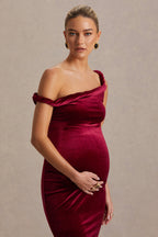 Tallulah Burgundy Velvet Asymmetric-Neck Maternity Maxi Dress With Twist-Sleeve – second lifestyle photo