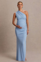 Darcie Powder Blue Asymmetric-Neck Maternity Maxi Dress – front view