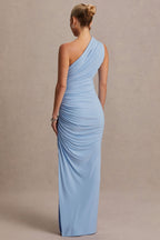 Darcie Powder Blue Asymmetric-Neck Maternity Maxi Dress – lifestyle photo