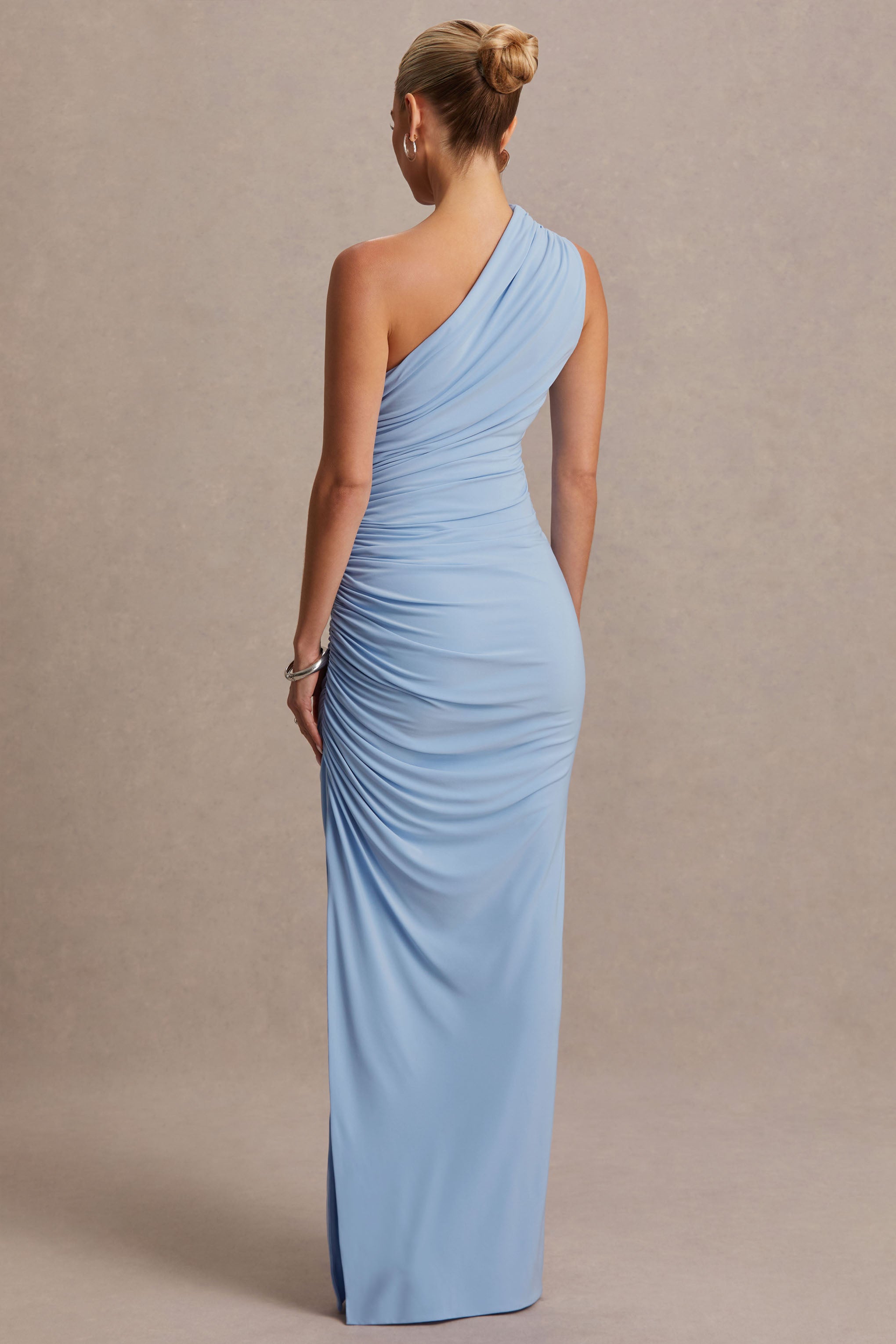 Darcie Powder Blue Asymmetric-Neck Maternity Maxi Dress – lifestyle photo