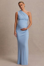 Darcie Powder Blue Asymmetric-Neck Maternity Maxi Dress – side view