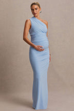 Darcie Powder Blue Asymmetric-Neck Maternity Maxi Dress – back view