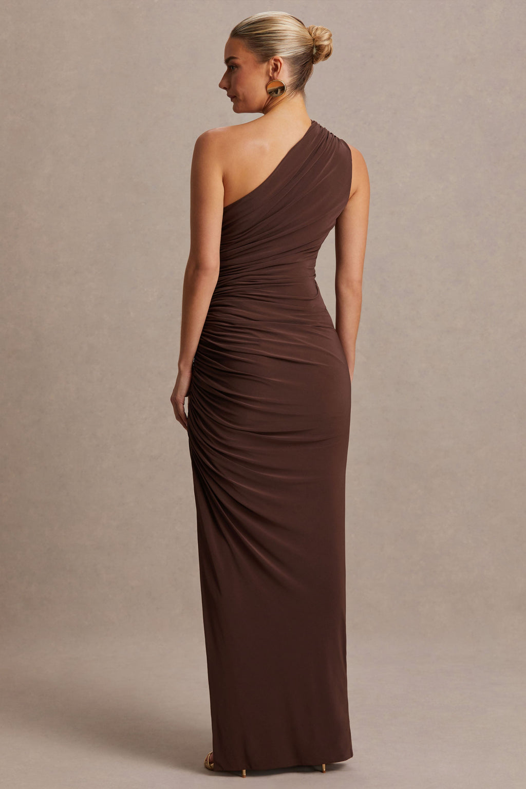 Darcie Brown Asymmetric-Neck Maternity Maxi Dress – lifestyle photo