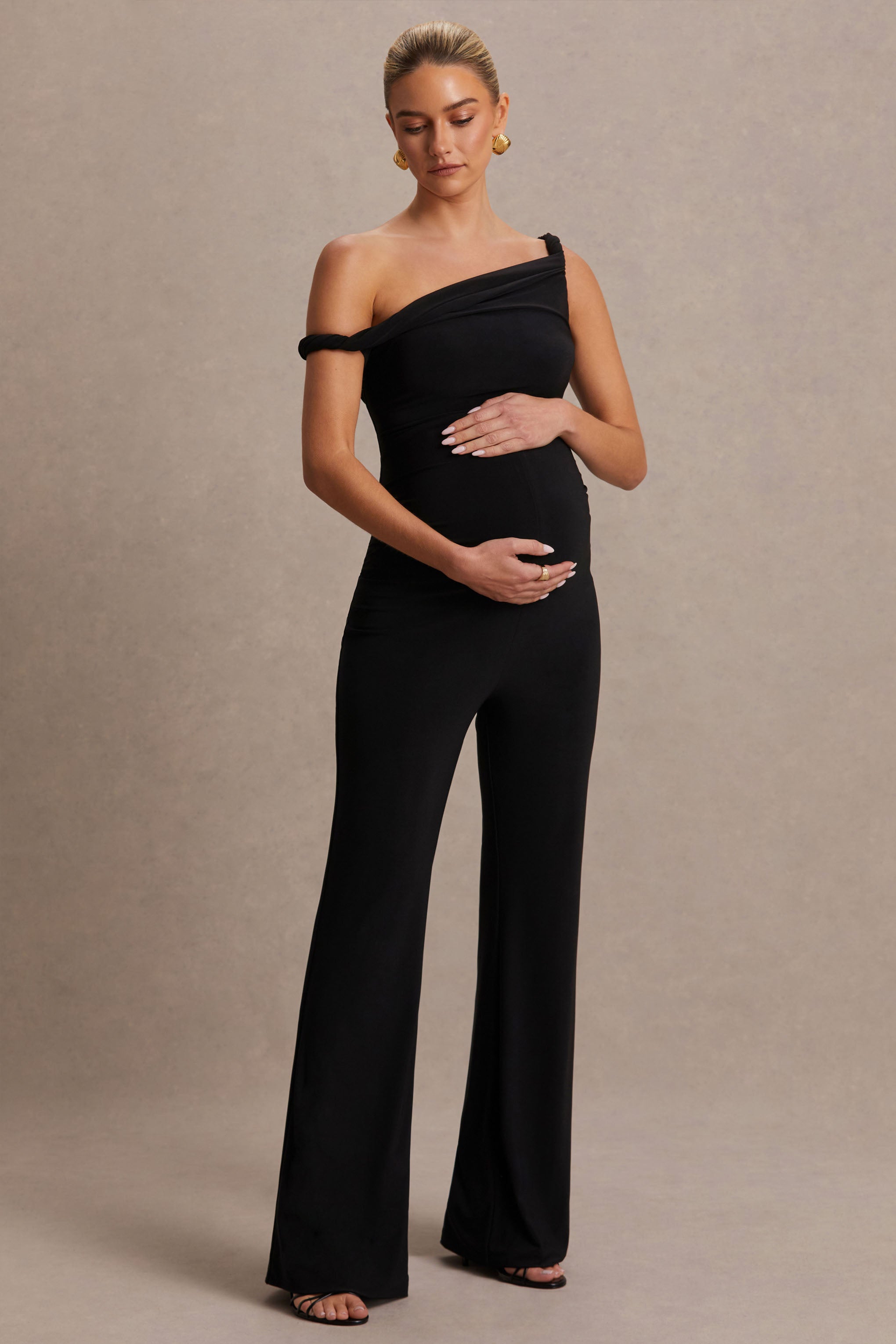 Driftly | Kira Black Asymmetric-Neck Maternity Jumpsuit