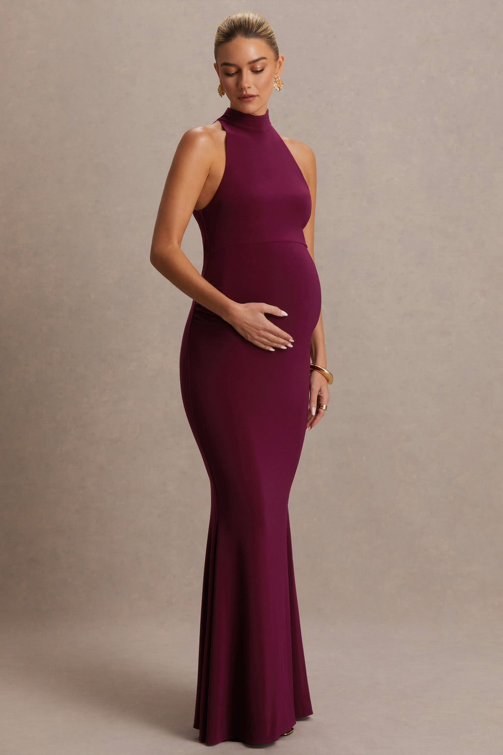 Kaia Burgundy Halter-Neck Maternity Dress – front view