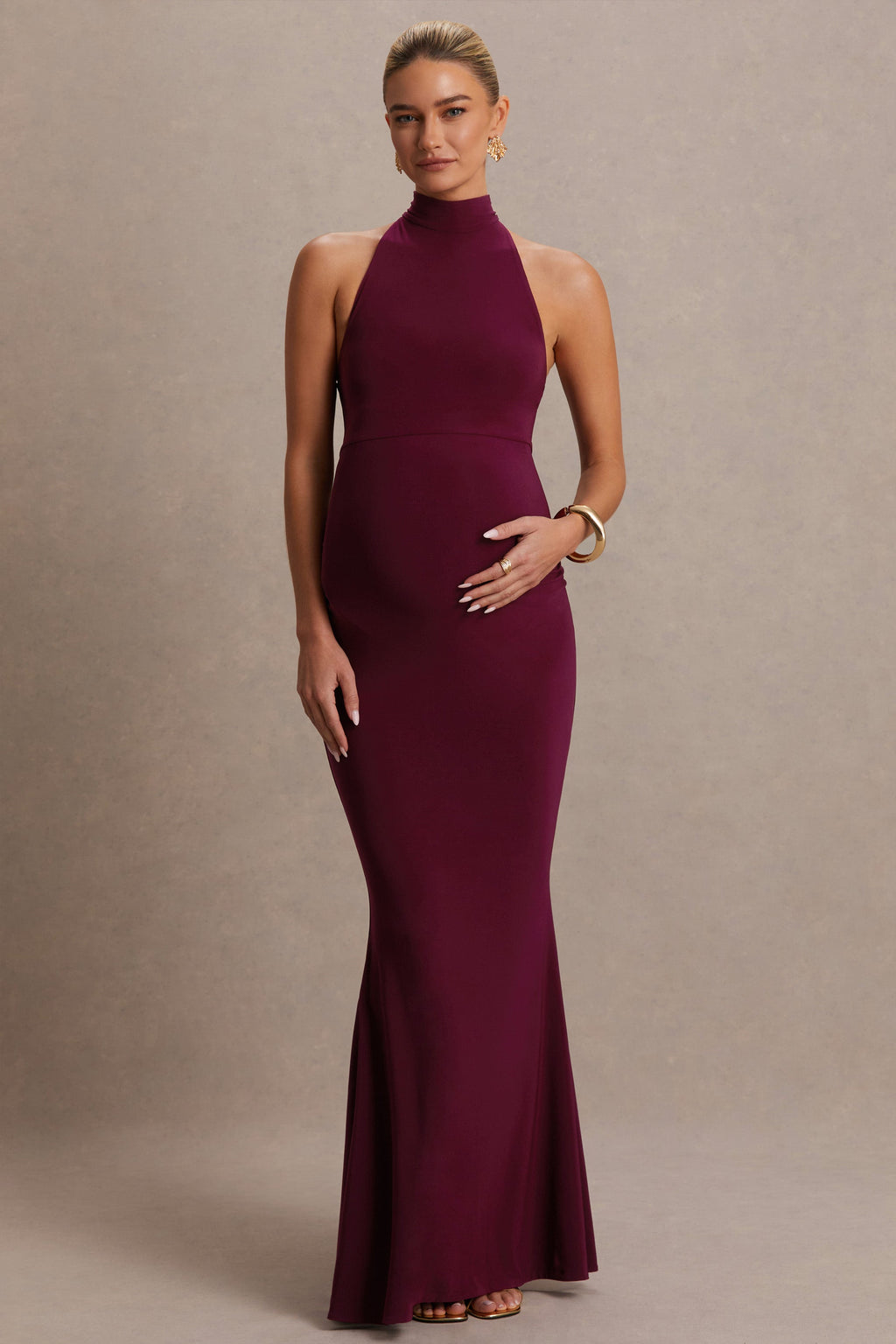 Kaia Burgundy Halter-Neck Maternity Dress – back view