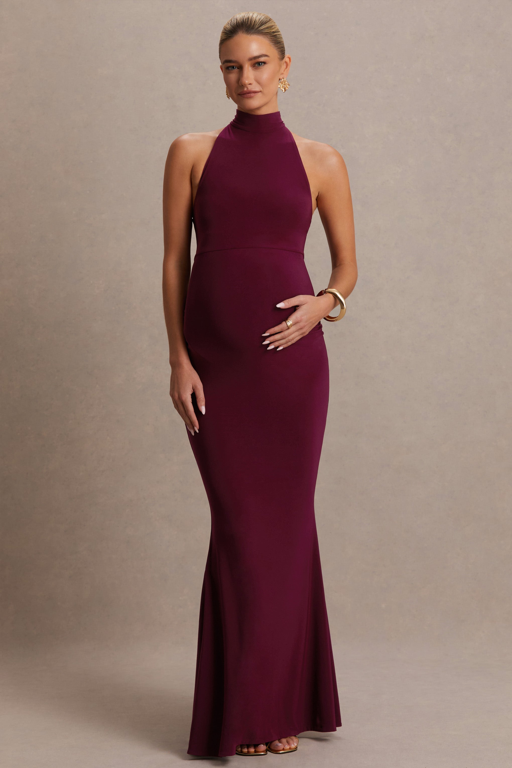 Kaia Burgundy Halter-Neck Maternity Dress – back view