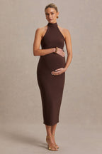 Mireille Brown Halter-Neck Maternity Midi Dress – front view