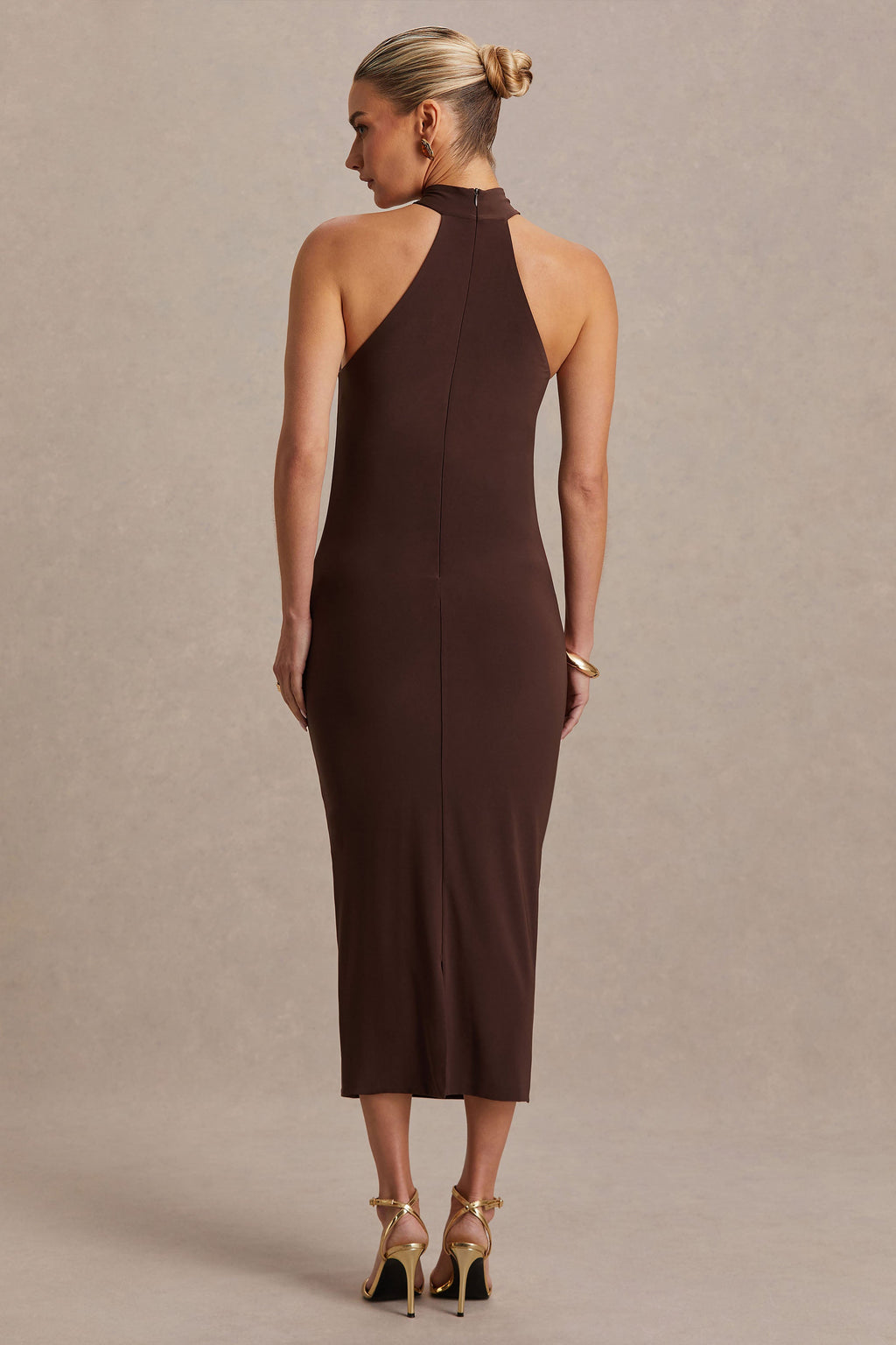 Mireille Brown Halter-Neck Maternity Midi Dress – lifestyle photo