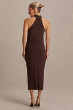 Mireille Brown Halter-Neck Maternity Midi Dress – lifestyle photo