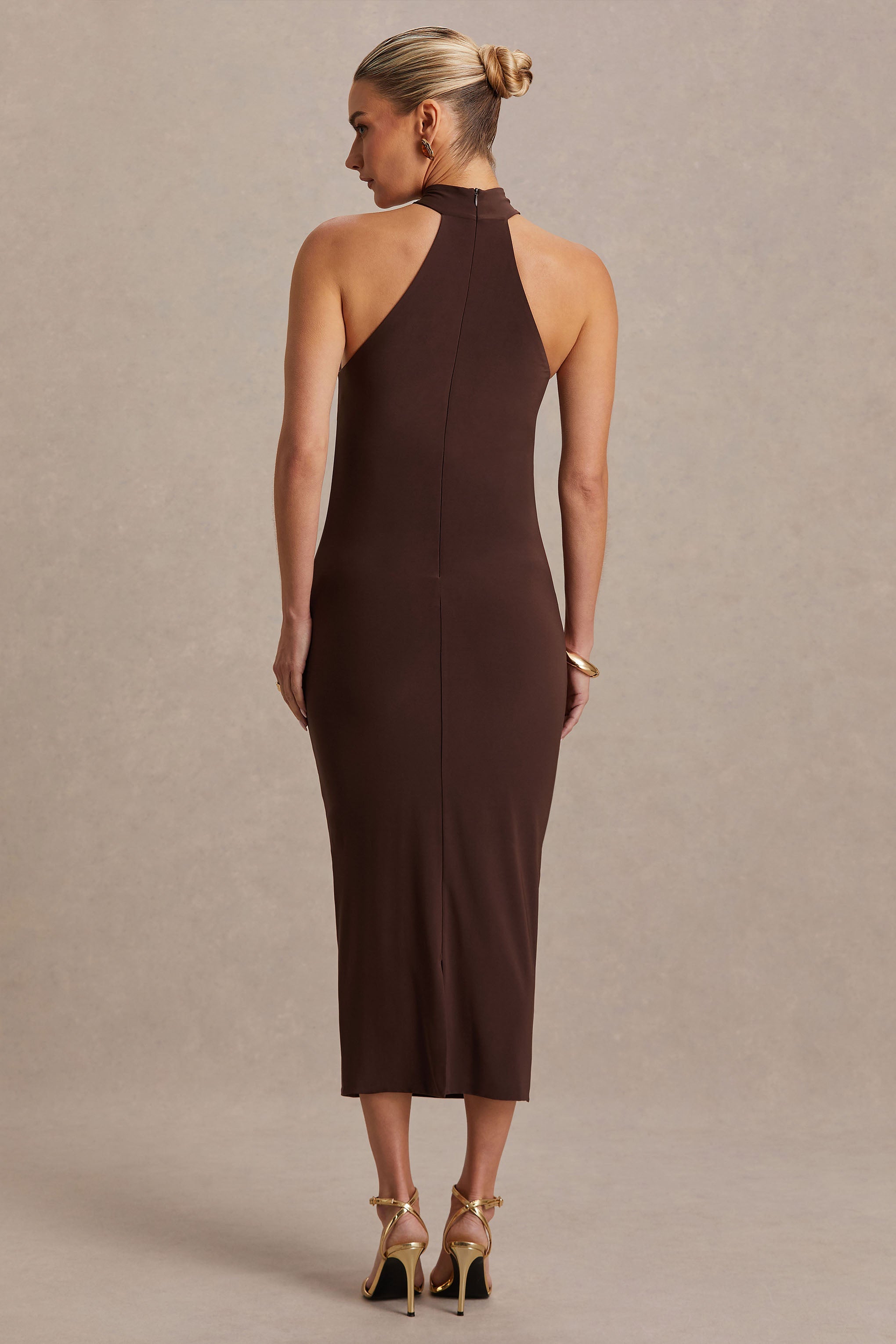Mireille Brown Halter-Neck Maternity Midi Dress – lifestyle photo