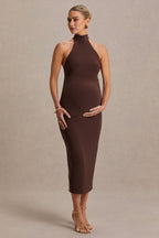Mireille Brown Halter-Neck Maternity Midi Dress – side view
