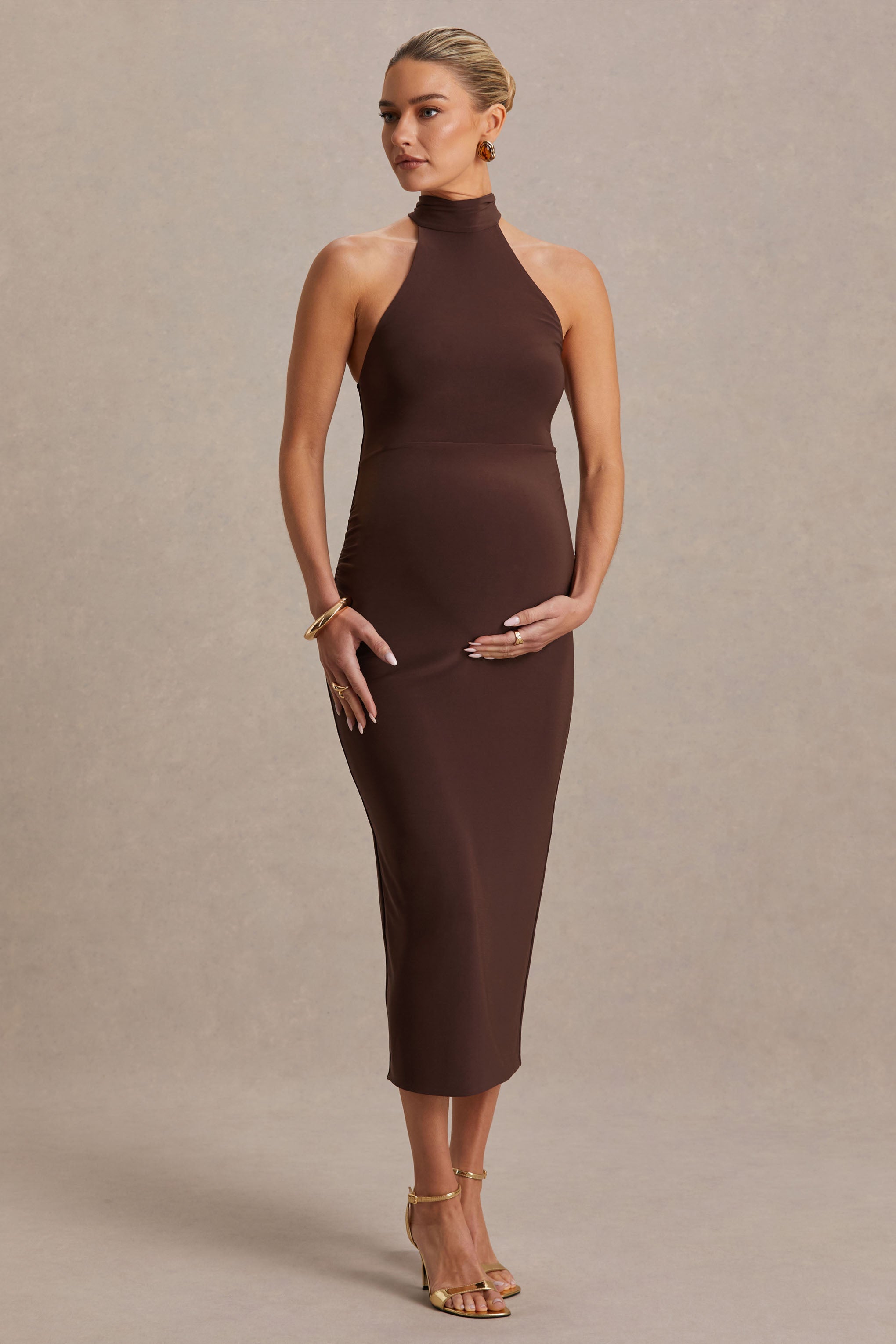 Mireille Brown Halter-Neck Maternity Midi Dress – side view