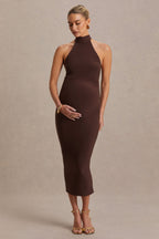 Mireille Brown Halter-Neck Maternity Midi Dress – back view