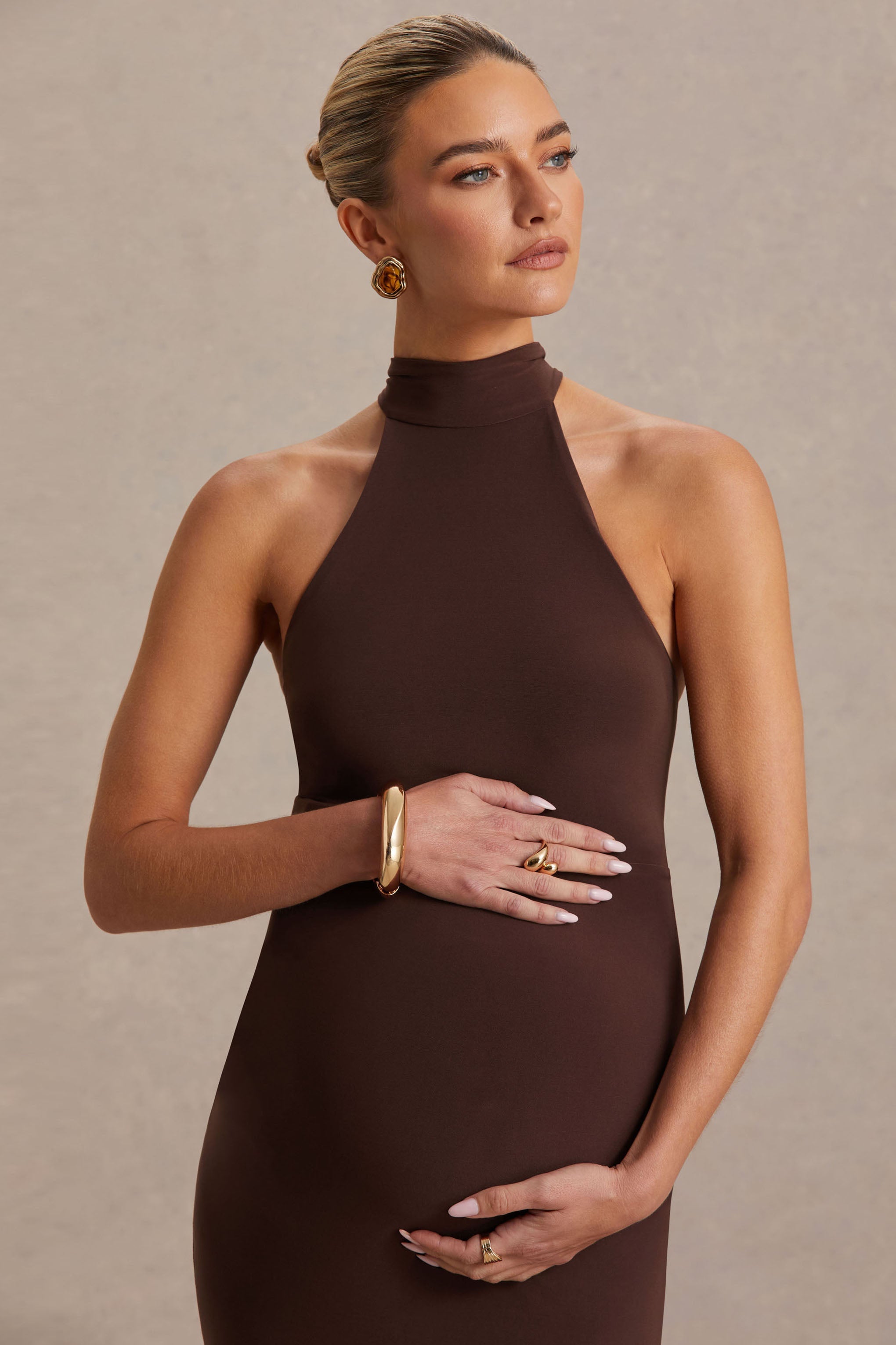Mireille Brown Halter-Neck Maternity Midi Dress – second lifestyle photo