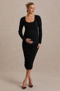 Saffron Black Scoop-Neck Maternity Midi Dress – front view