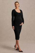 Saffron Black Scoop-Neck Maternity Midi Dress – back view