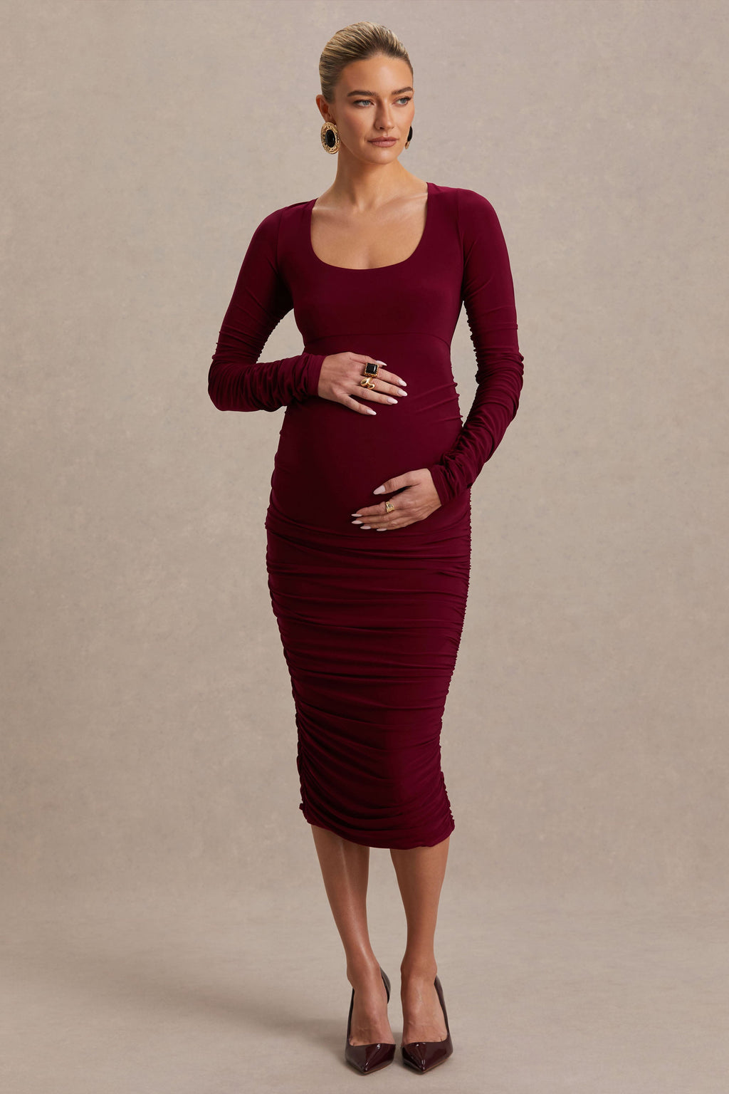 Saffron Berry Scoop-Neck Maternity Midi Dress – front view