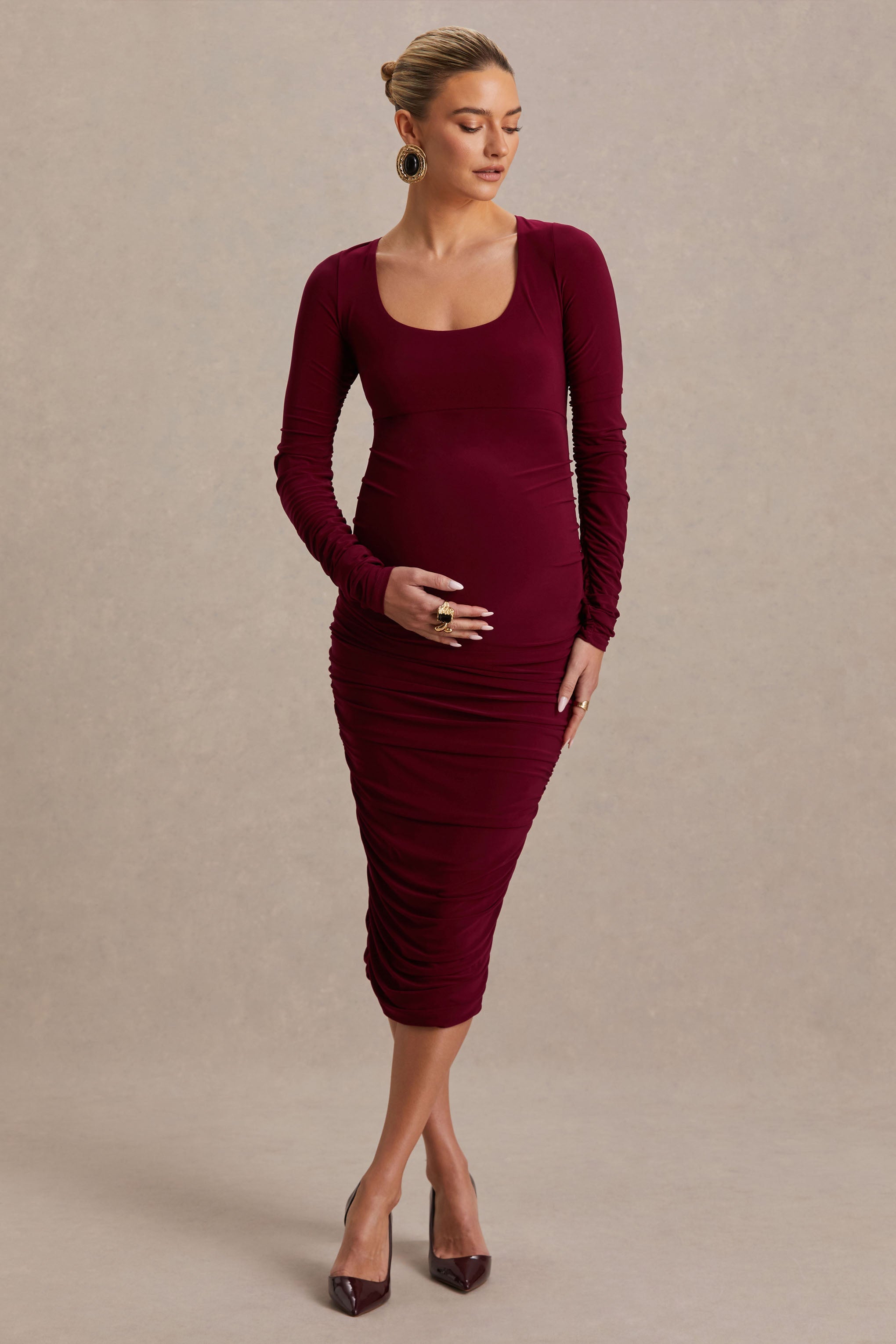 Saffron Berry Scoop-Neck Maternity Midi Dress – side view