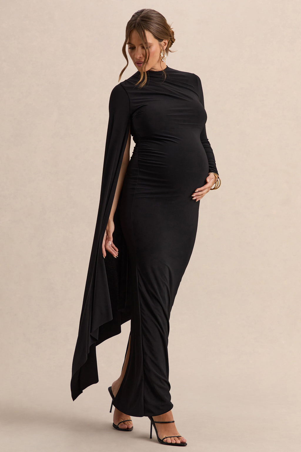 Lavinia Black High-Neck Maternity Maxi Dress With Cape-Sleeve – side view