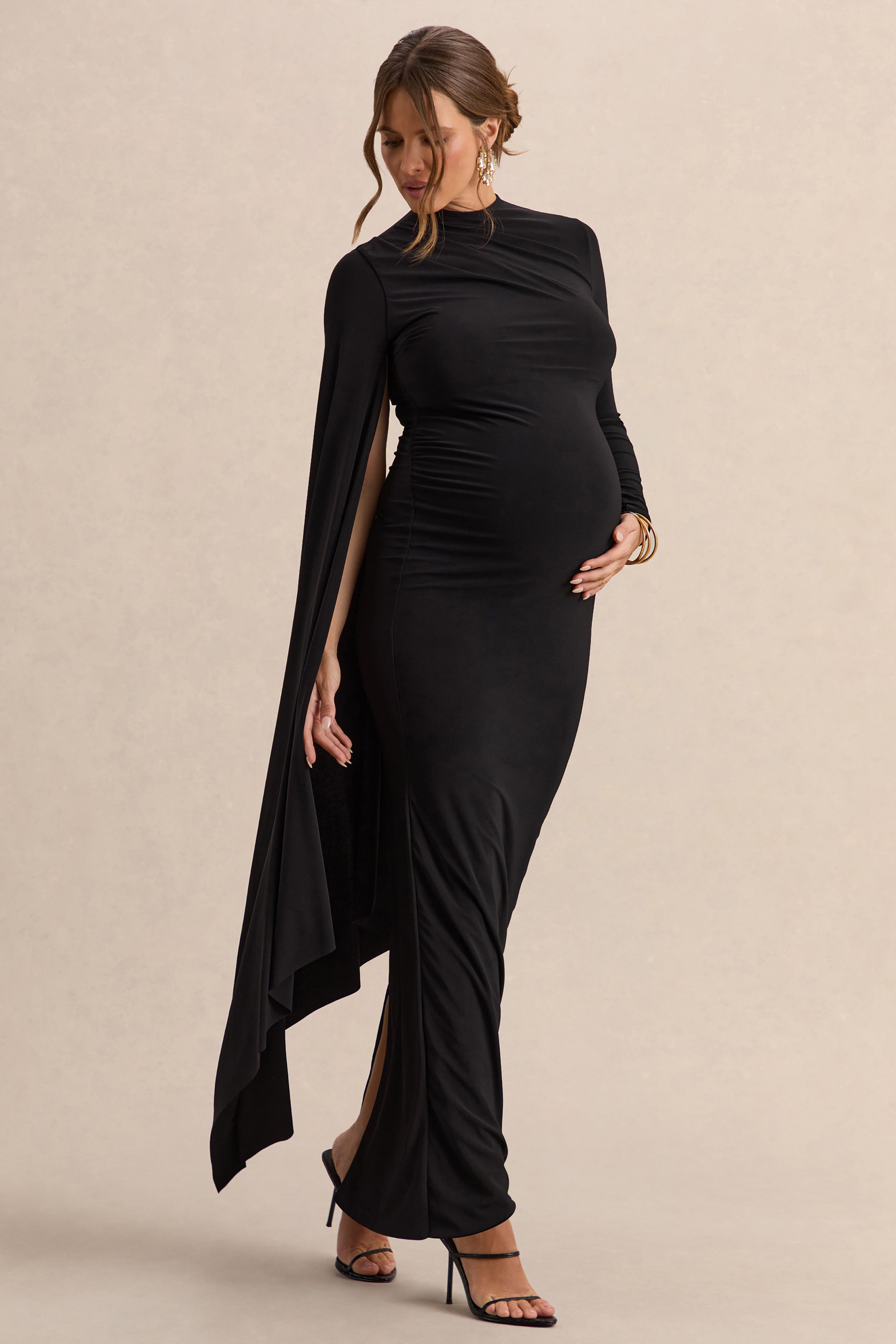Lavinia Black High-Neck Maternity Maxi Dress With Cape-Sleeve – side view