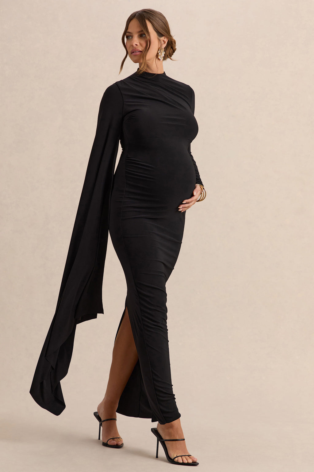 Lavinia Black High-Neck Maternity Maxi Dress With Cape-Sleeve – back view
