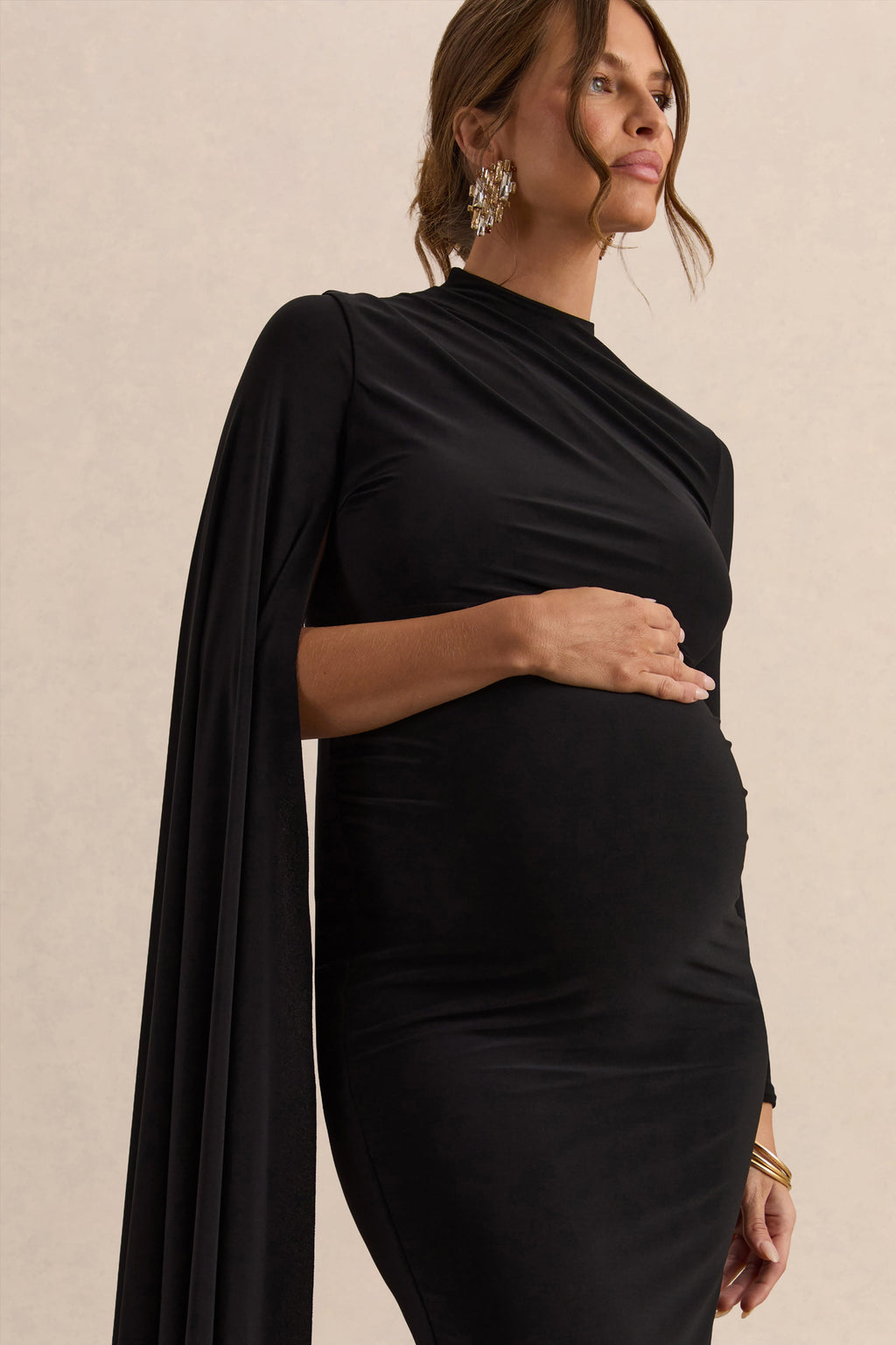 Lavinia Black High-Neck Maternity Maxi Dress With Cape-Sleeve – detail shot