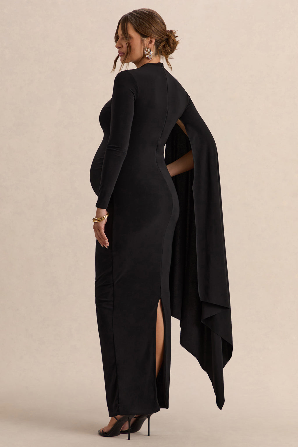 Lavinia Black High-Neck Maternity Maxi Dress With Cape-Sleeve – lifestyle photo