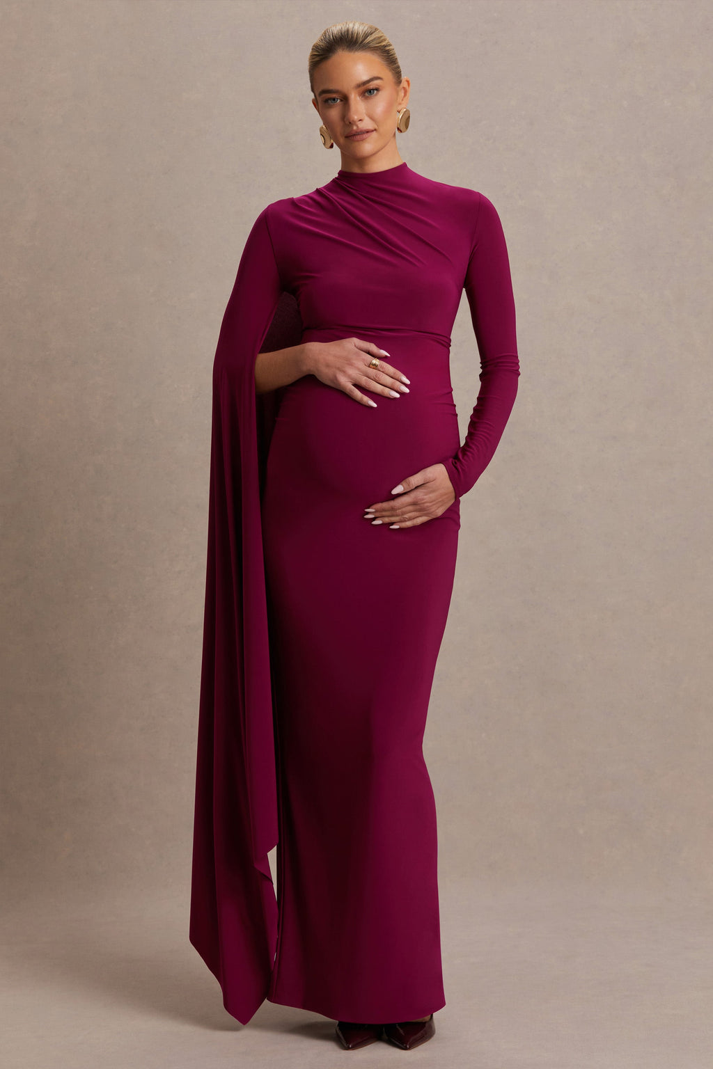 Driftly | Lavinia Berry High-Neck Maternity Maxi Dress With Cape-Sleeve