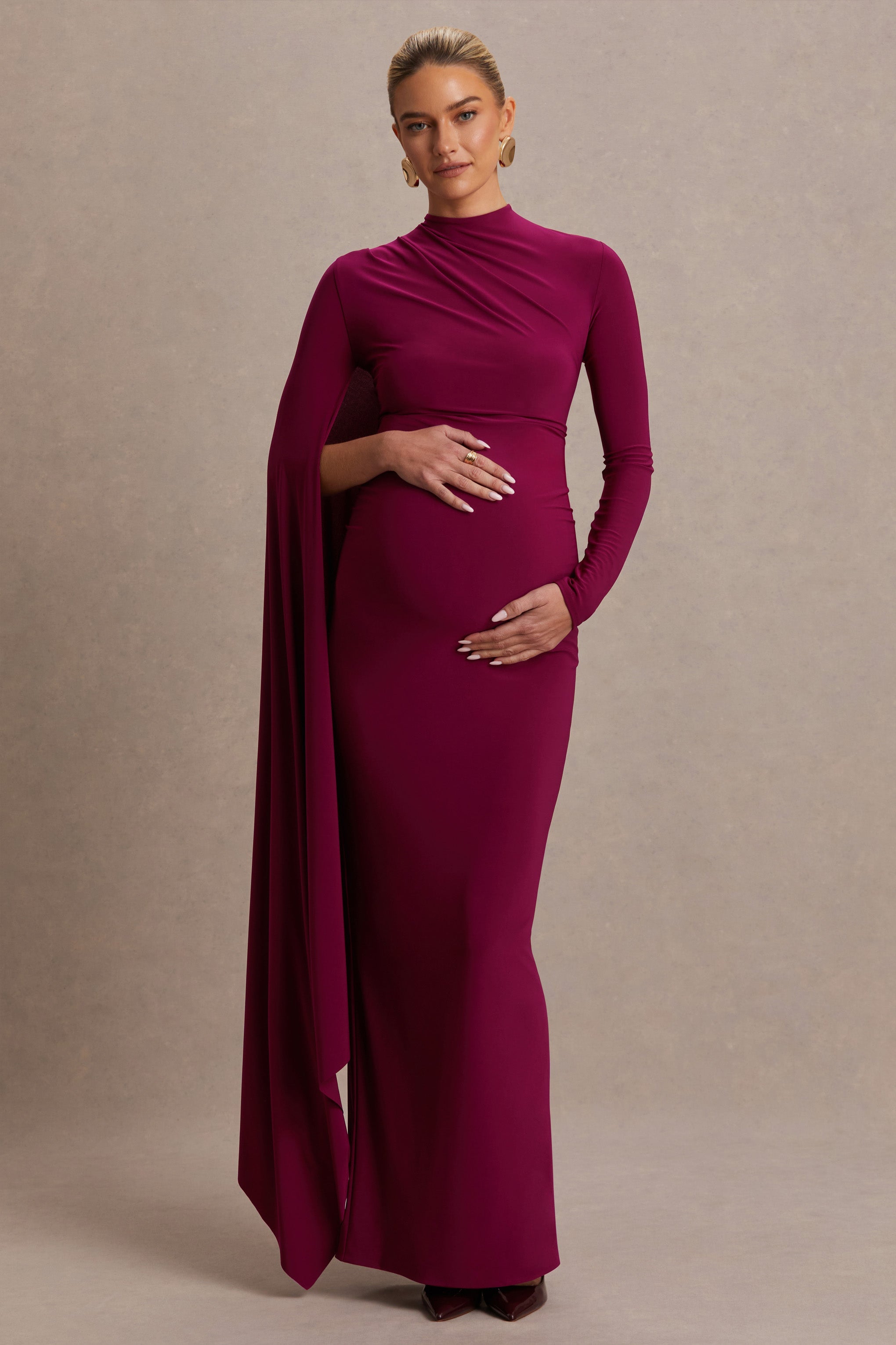Driftly | Lavinia Berry High-Neck Maternity Maxi Dress With Cape-Sleeve