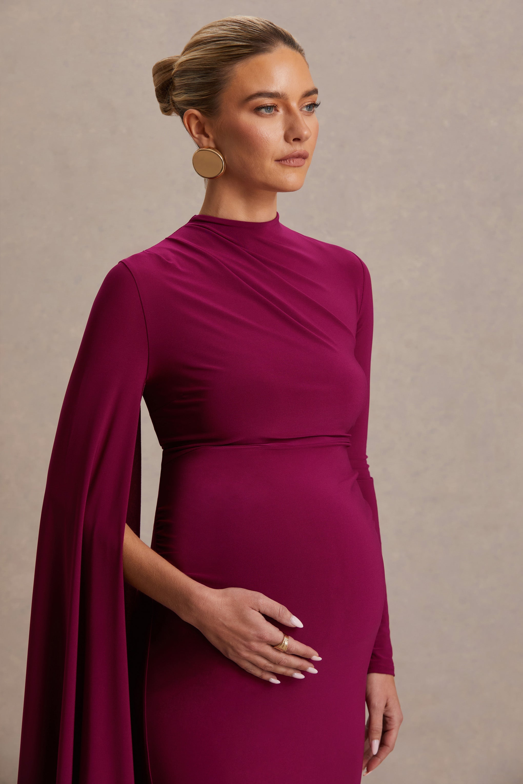Driftly | Lavinia Berry High-Neck Maternity Maxi Dress With Cape-Sleeve