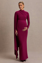 Driftly | Lavinia Berry High-Neck Maternity Maxi Dress With Cape-Sleeve