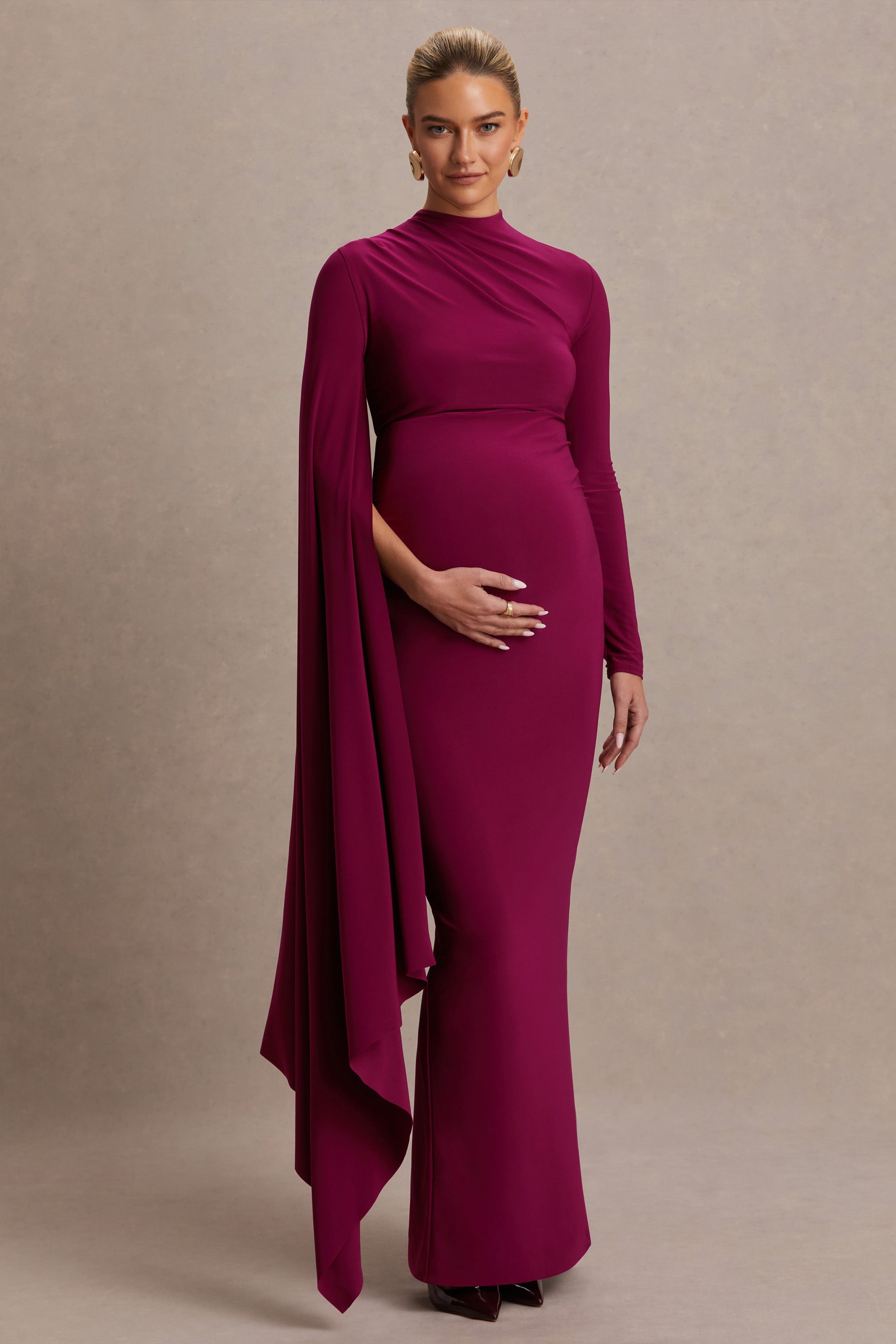 Driftly | Lavinia Berry High-Neck Maternity Maxi Dress With Cape-Sleeve