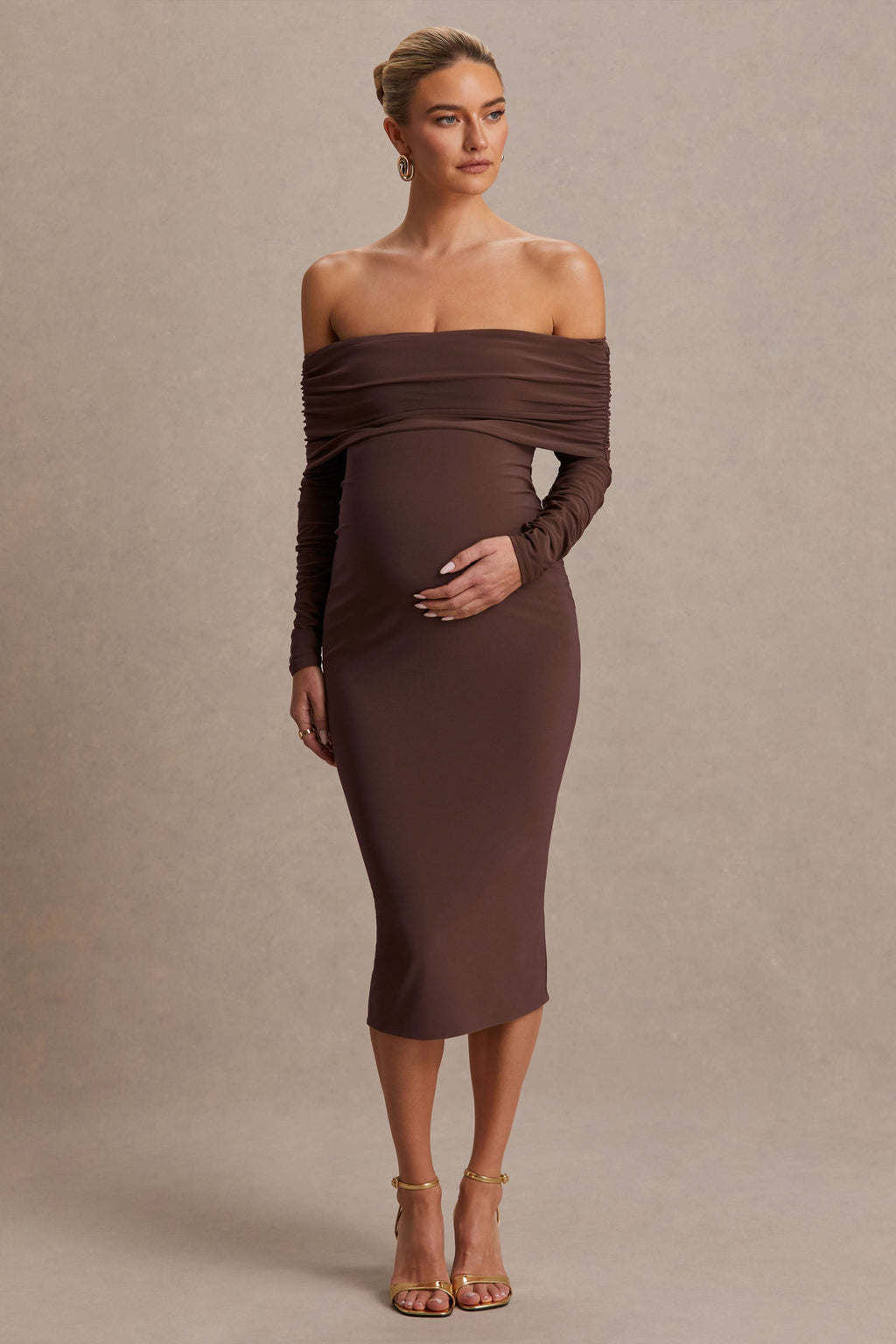 Elspeth Brown Bardot-Neck Maternity Midi Dress – front view