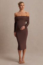 Elspeth Brown Bardot-Neck Maternity Midi Dress – front view