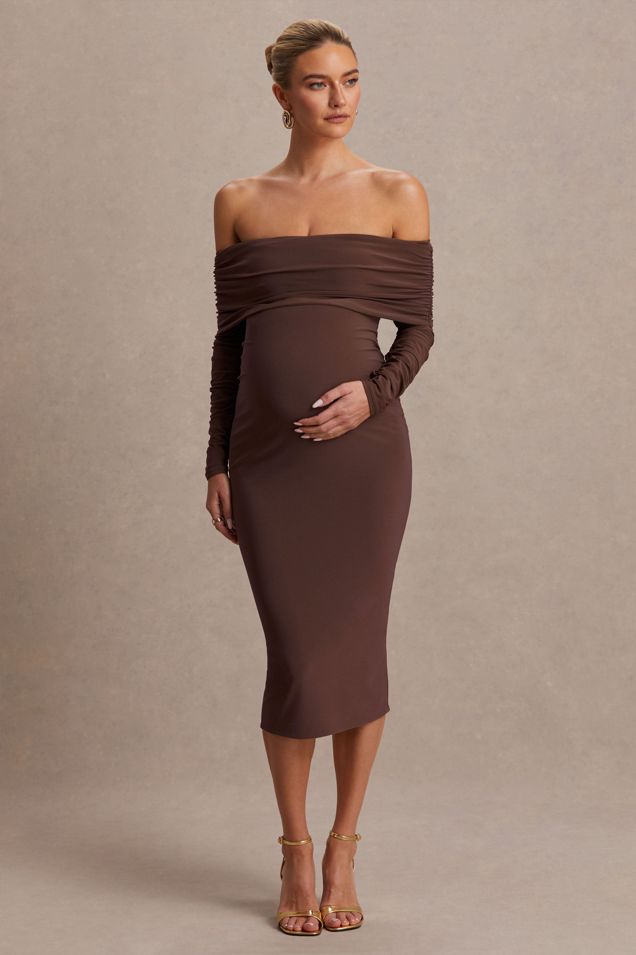 Elspeth Brown Bardot-Neck Maternity Midi Dress – front view