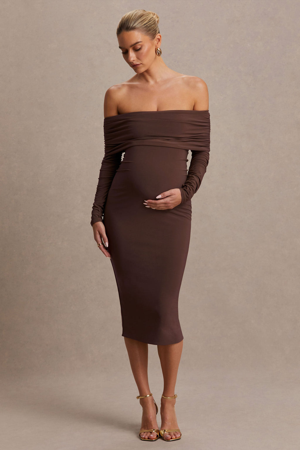 Elspeth Brown Bardot-Neck Maternity Midi Dress – back view