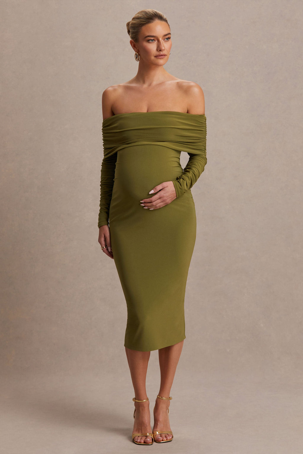 Elspeth Olive Bardot-Neck Maternity Midi Dress – side view