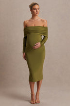Elspeth Olive Bardot-Neck Maternity Midi Dress – side view