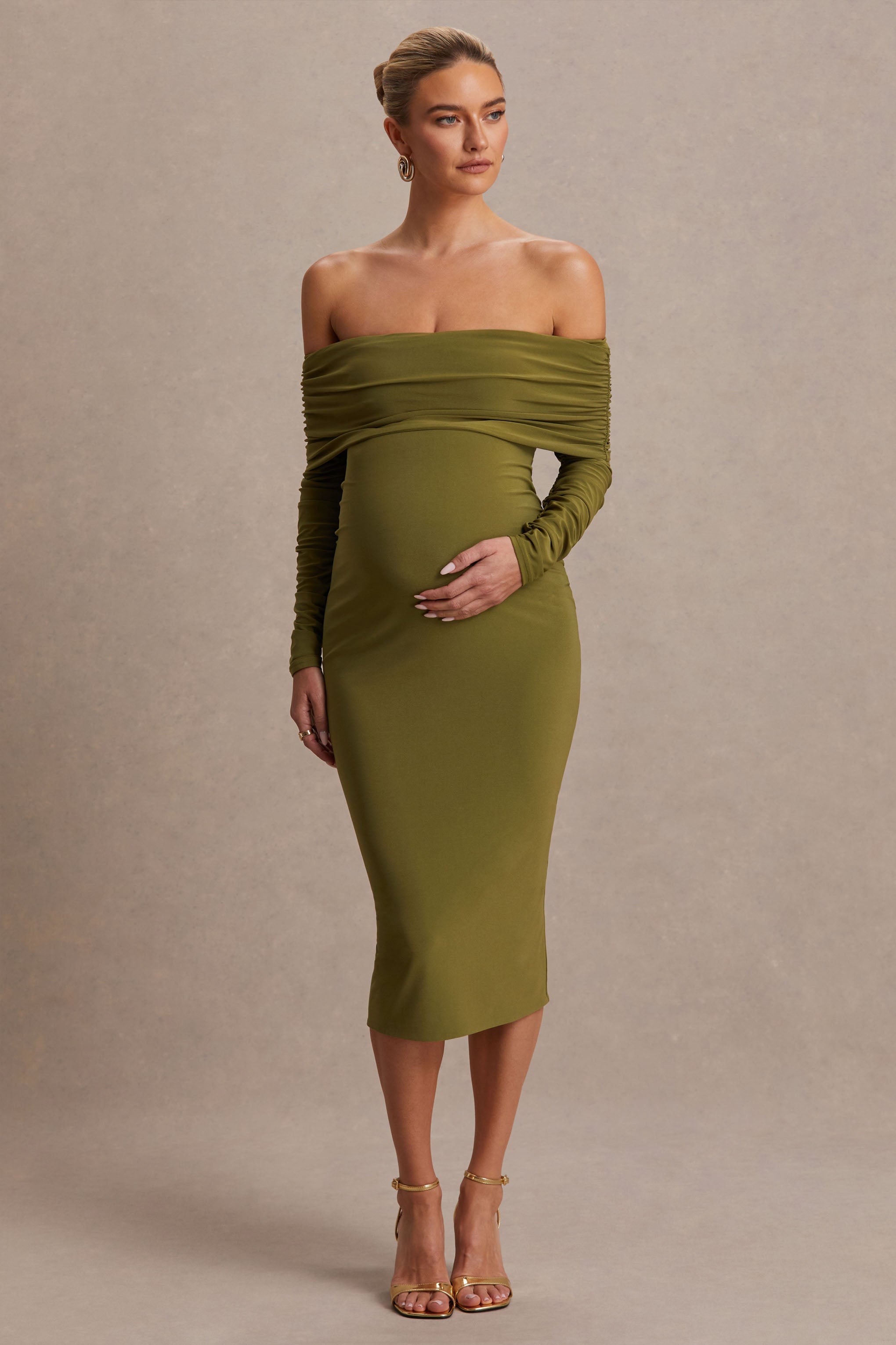 Elspeth Olive Bardot-Neck Maternity Midi Dress – side view