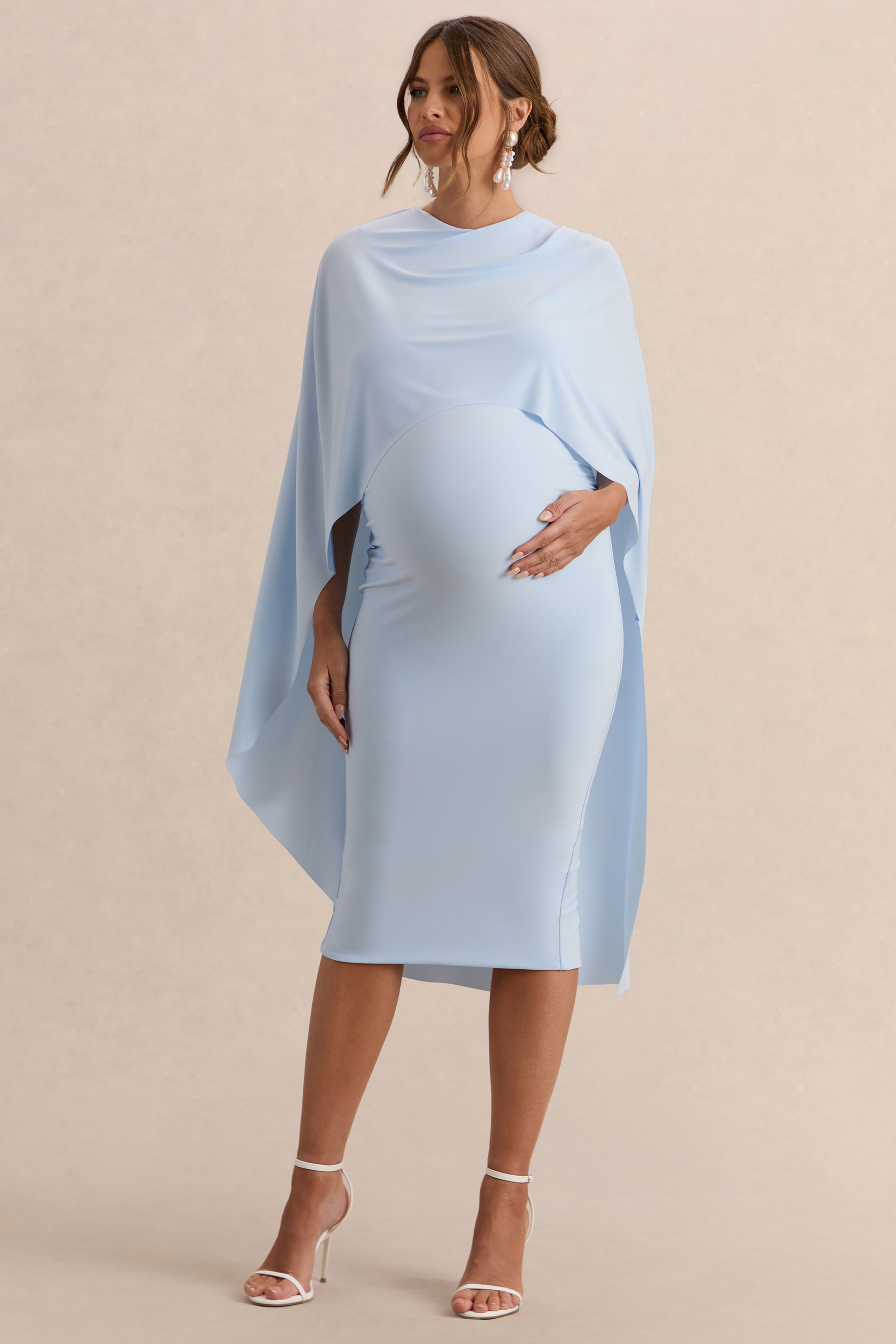 Driftly | Arwen Powder Blue Round-Neck Maternity Midi Dress With Cape Detail