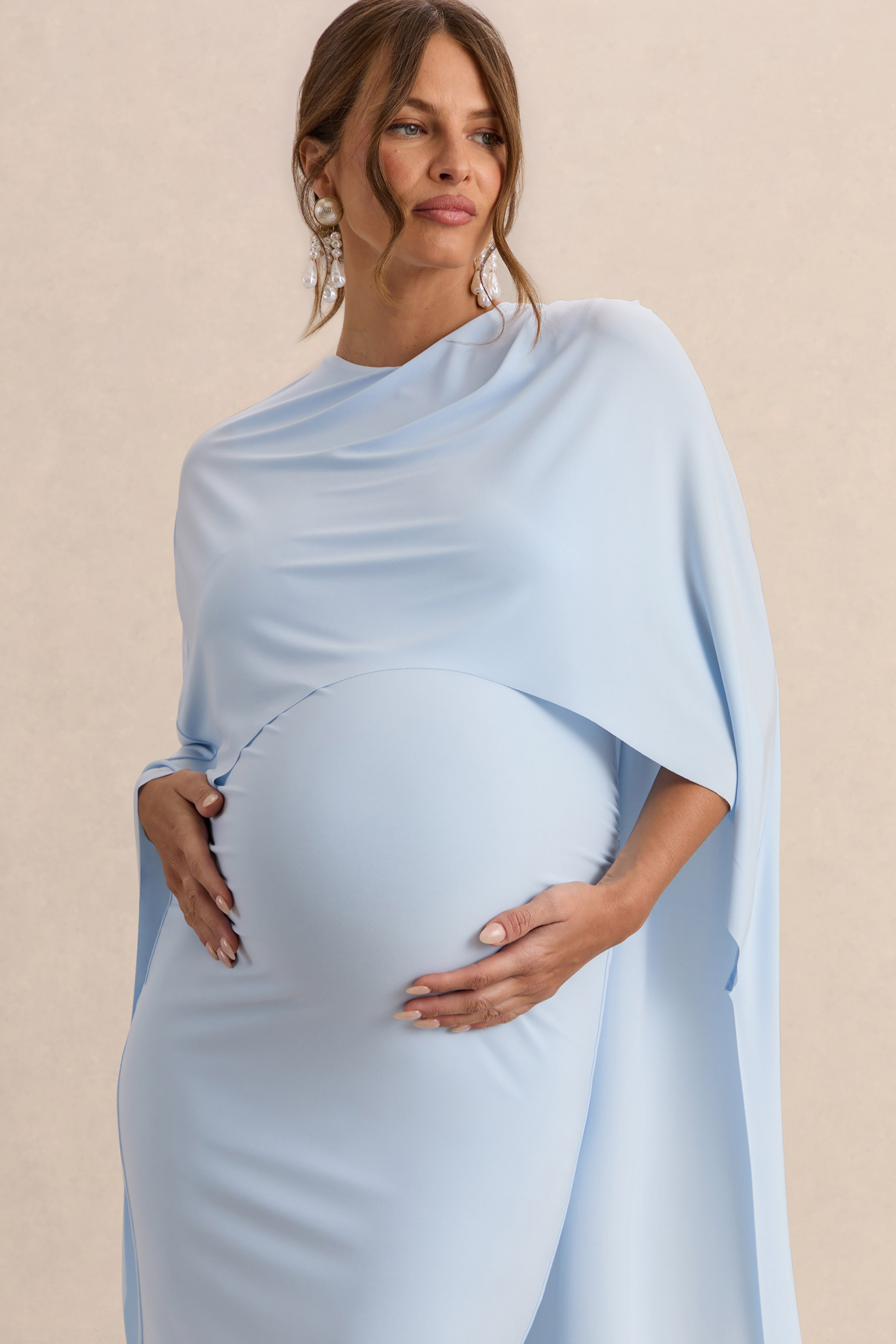Driftly | Arwen Powder Blue Round-Neck Maternity Midi Dress With Cape Detail