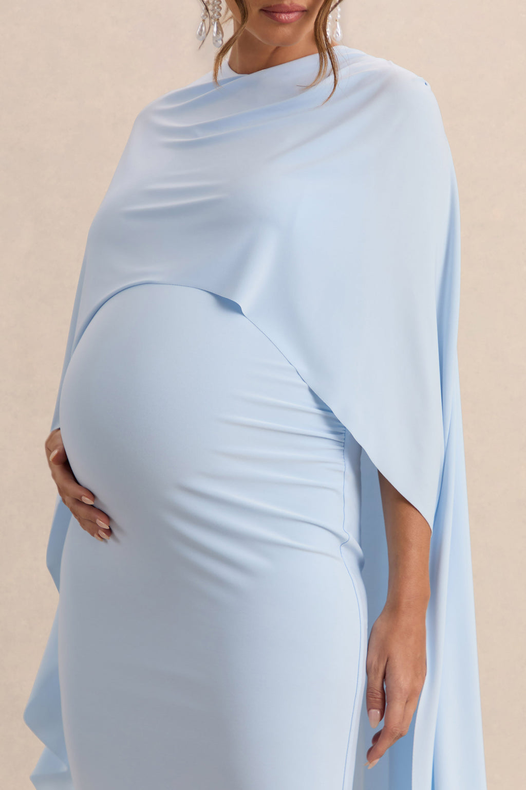 Arwen Powder Blue Round-Neck Maternity Midi Dress With Cape Detail – additional view