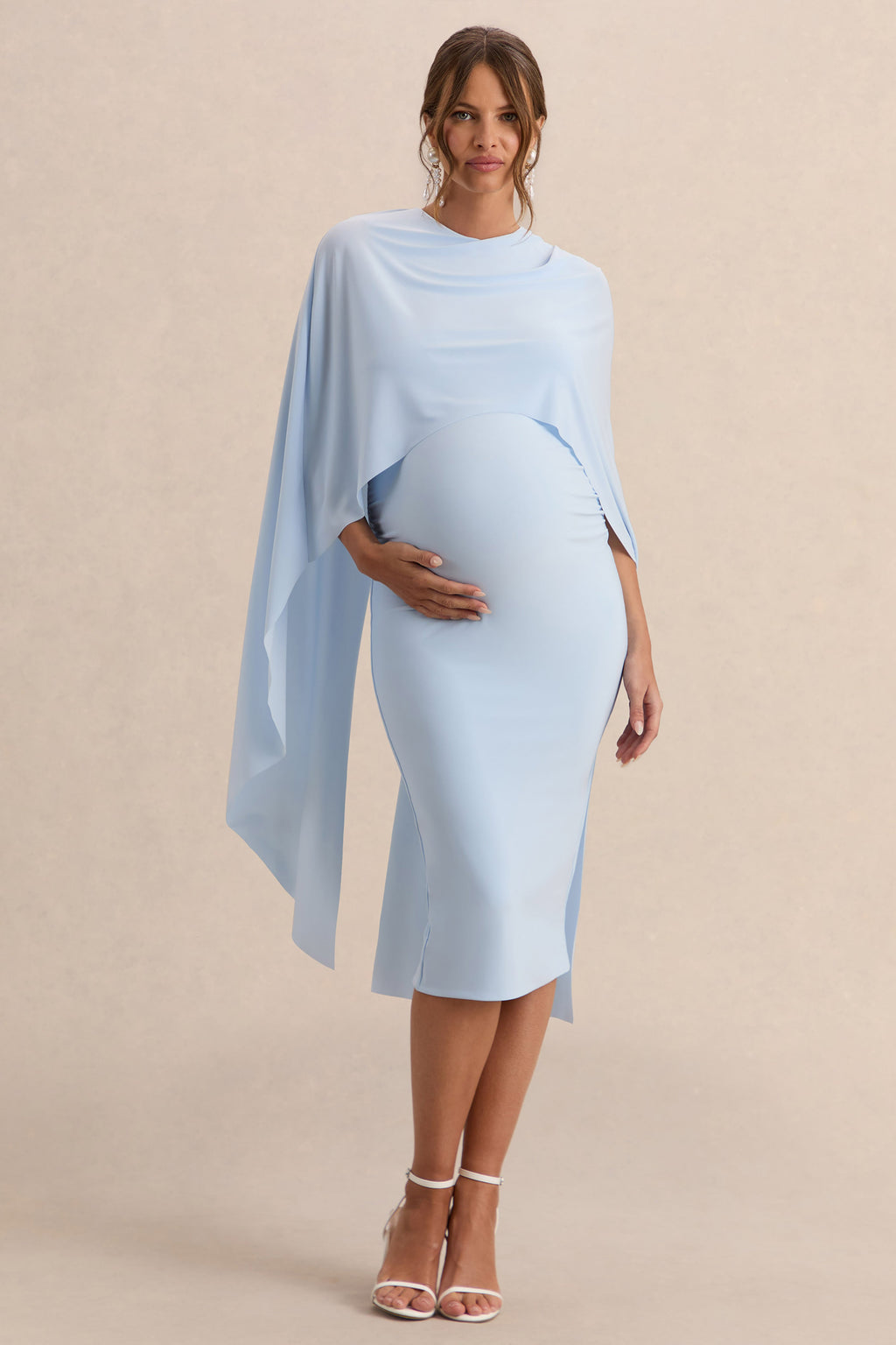Driftly | Arwen Powder Blue Round-Neck Maternity Midi Dress With Cape Detail