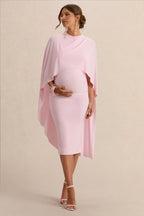 Driftly | Arwen Light Pink Round-Neck Maternity Midi Dress With Cape Detail