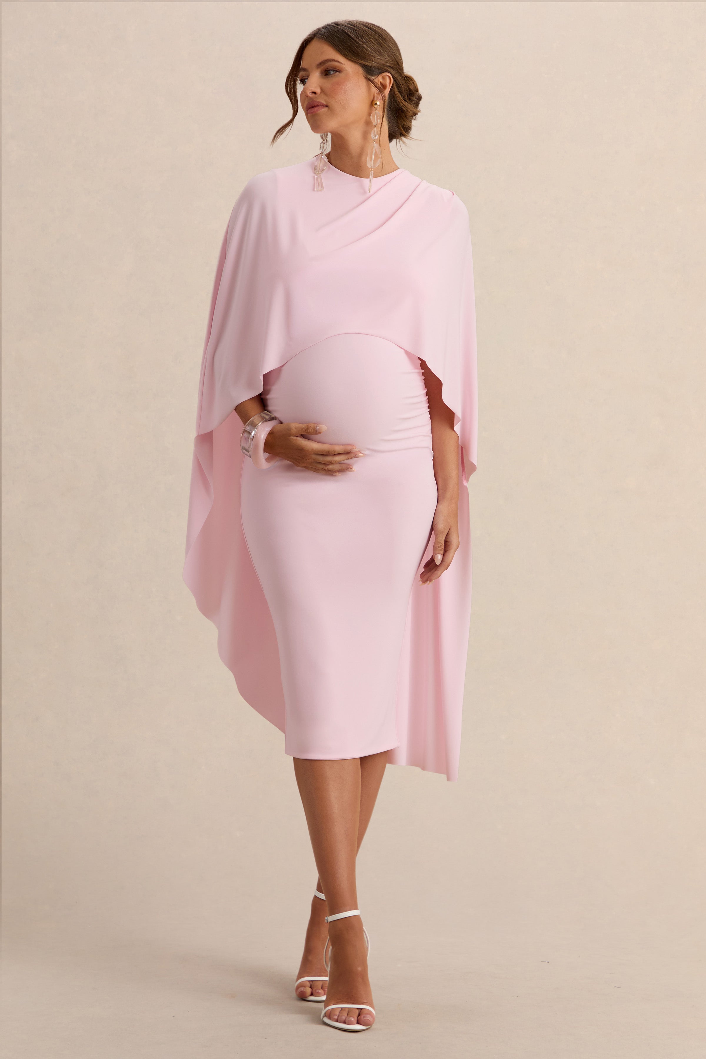 Driftly | Arwen Light Pink Round-Neck Maternity Midi Dress With Cape Detail