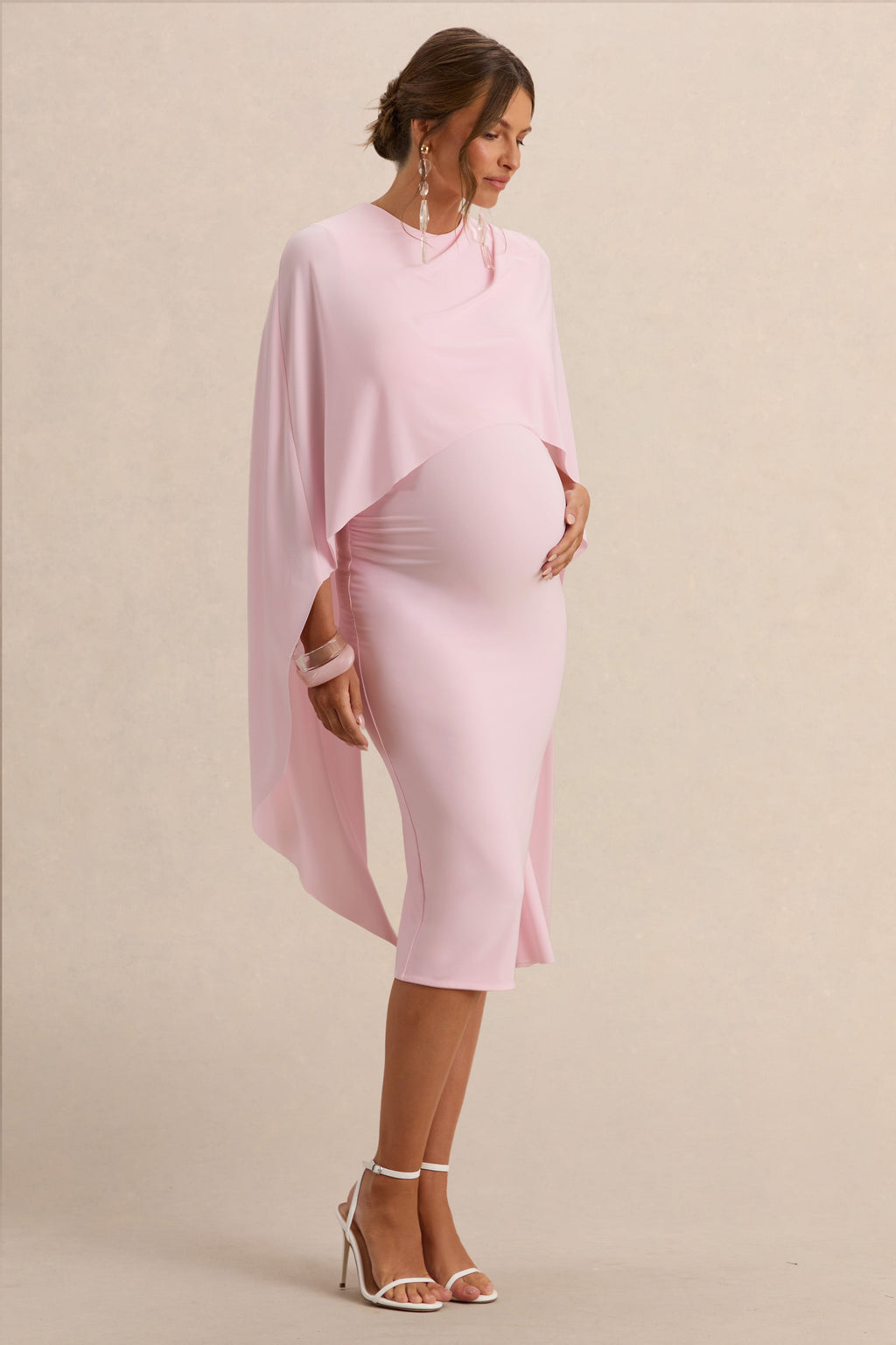 Driftly | Arwen Light Pink Round-Neck Maternity Midi Dress With Cape Detail